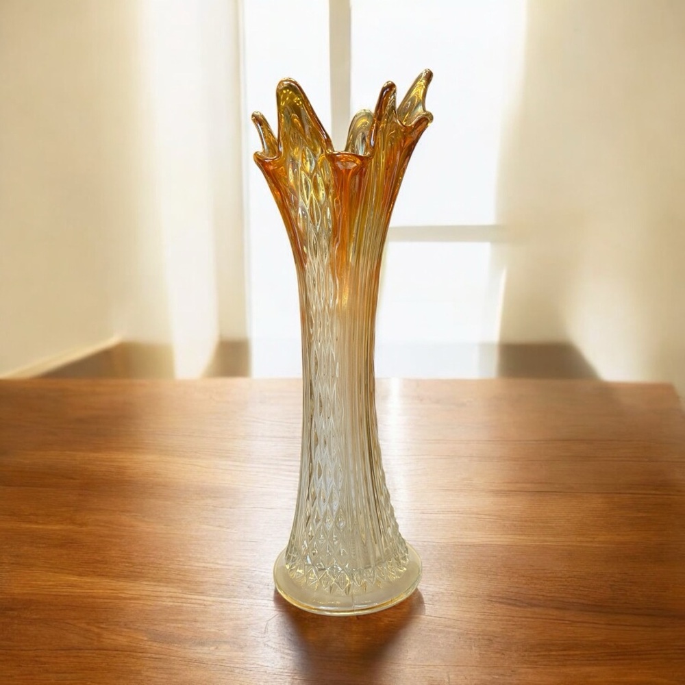 Vintage Fenton Marigold Carnival Glass Swung Vase Diamond Point Columns - Picture 6 of 12
